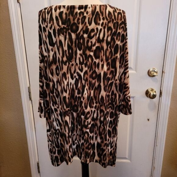 Women's Chico's Top Blouse Black Lace Brown Animal Cheetah Print Popover Size 1 - Picture 6 of 8